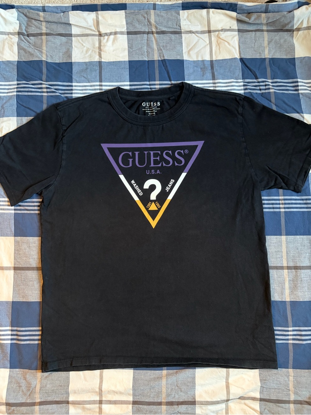 Guess Black Short-Sleeve Tee with Purple and Yellow Triangle Logo